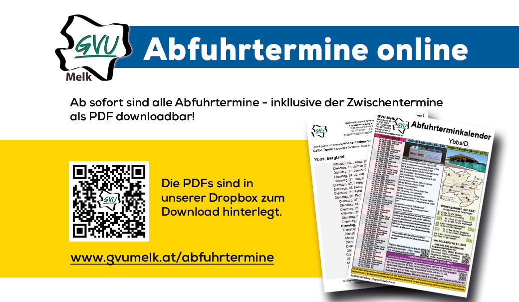 Sujet mit Downloadanleitung für die Abfuhrterminkalender unter www.gvumelk.at/abfuhrtermine